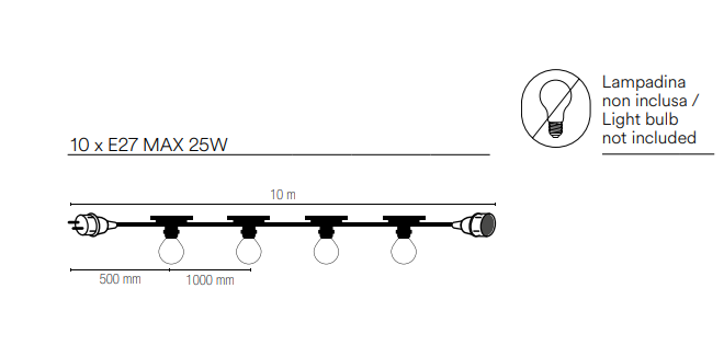 Stringa elettrificata per esterno IP44 bianco o nero lampade 10XE27 non incluse 10 metri cavo in gomma spina schuko e connettore modulabile PICNIC Stringa elettrificata per esterno IP44 bianco o nero lampade 10XE27 non incluse 10 metri cavo in gomma spina schuko e connettore modulabile PICNIC